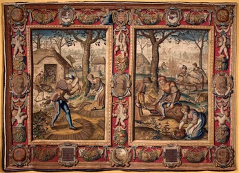 November och december: "" jordbruksarbete och grisslakt"" Tapet av tillverkarna av Mortlake. 1600-talsgener, Musei di Strada Nuova