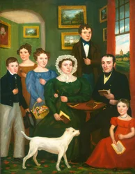 Porträtt av en okänd familj med en terrier, ca 1825-1835 (olja på duk)