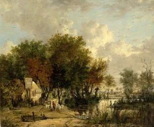 River Scene, pojke som kör får (olja på trä)