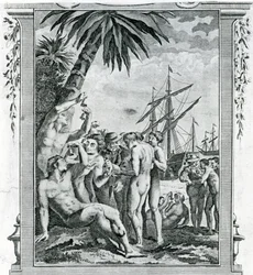 Den första intervjun av Christopher Columbus med de infödda i Amerika