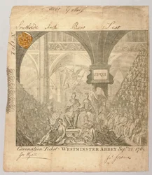 Biljett till Georg III:s kröningsceremoni i Westminster Abbey, graverad av George Bickham, 22 september 1761