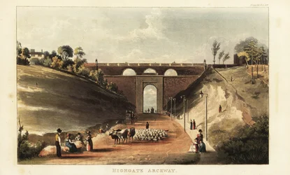 Vy över förare som kör boskap och får till Smithfield Market under valvet vid Highgate Hill