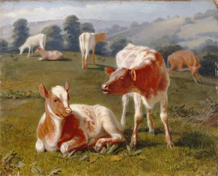 Kalvar på en äng (olja på kvarnbräda)