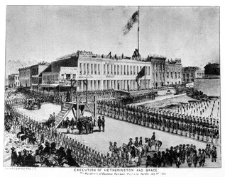 Avrättningen av Hetherington och Brace, Fort Vigilance, Sacramento, Kalifornien, 1856 1937.