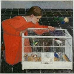 Silvia Koller med fågelbur (olja på duk)