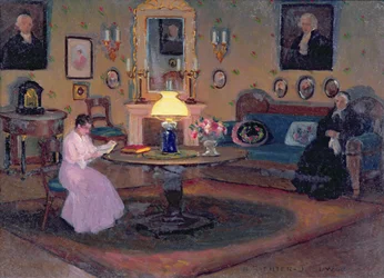 Flicka som läser för sin mormor (olja på pannå)