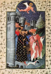 Hertig Jean de Berry (1340-1416) och hans fastighetsförvaltare. Miniatyr av Jean Limbourg (1370-1416) för ""The Tres Riches Heures du Duc de Berry"" Circa 1440 Paris. B.N.