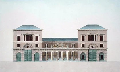 Mattfabrik i Tournai, från "Val av de mest framstående monumenten, byggnaderna och husen i kungariket Nederländerna" av Pierre Jacques Goetghebuer, graverad av författaren, publicerad 1827 (akvatint)