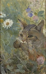 En katt med en ung fågel i munnen, 1885