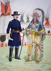 Hövding Red Cloud av Oglala Sioux erbjuder fredspipa till en officer från 5:e regementet av USA:s kavalleri vid undertecknandet av Fort Laramie-fördraget 1868, ur en serie om sex tavlor