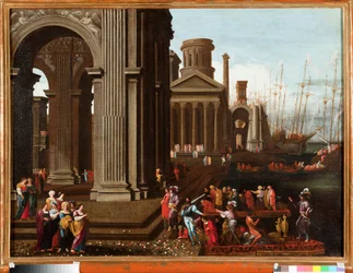 Bordingen av Saint Ursula, bretonsk kristen prinsessa för pilgrimsfärd med den helige Cyriac av Rom Målning av Agostino Buonamici dit Tassi (1566-1644) Genes Musei di Strada Nuova (ex Palazzo Rosso)