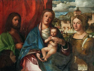 Jungfrun och barnet med de heliga Johannes Döparen, Catherine av Alexandria och donator, tidigt 1500-tal.