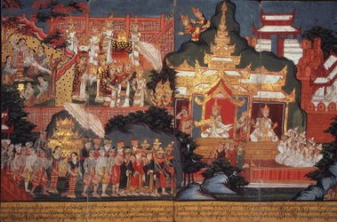 Eller 14297 fol.6-7 The Birth of the Future Buddha, c.1800-20 (gouache på papper)