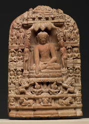 Plåt som visar episoder från Shakyamuni Buddhas liv (pyrofyllit)