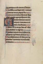 Initial C: Tre präster som sjunger ur en bok