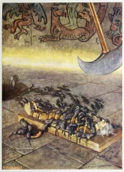"De svärmade över mig i ständigt ackumulerande högar.", från Selected Tales of Mystery, pub. 1909 (lito i färg)