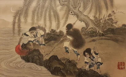 Fiske med tänd fackla. Från serien The Ainu, andra halvan av 1800-talet..