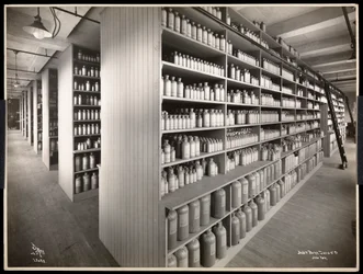 Interiör av ett kemiskt förråd hos Parke, Davis och Co, kemister, Hudson och Vestry Streets, New York, 1910 (silvergelatintryck)
