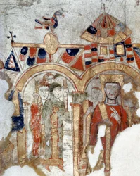 Bysantinsk konst: "" Diakon och fideles under en procession till kyrkan""" Miniatyr hämtad från "" Exultet"" från början av 1000-talet Museo Diocesano, Gaeta