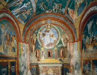Sankt Eldrads och Sankt Nikolaus kapell med romanska fresker i bysantinsk stil, sent 1000-tal, Novalesa kloster, Piemonte, Italien