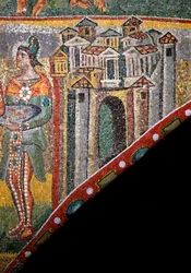Kristen konst: "Tillbedjan av Magi"". Detalj av landskapet. Mosaik från 400-talet. Triumfbåge, basilikan Santa Maria Maggiore (Heliga Maria Major), Rom.