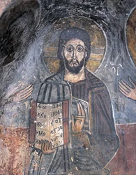Närbild av en fresco av en pantokrator, Kristus Pantokrator, Zoupena, Sparta, Peloponnesos, Grekland