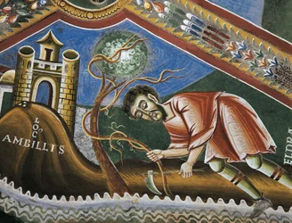 Eldrads jordbearbetning i Ambilly, Provence, Detalj från berättelser om Saint Eldrads liv, romanska fresker i bysantinsk stil, sent 1000-tal, Kapellet Saint Eldrad och Saint Nicholas, Novalesa Abbey, Piemonte, Italien.