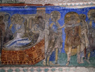 Healing av Simon Peters svärmor och paralytiske man, bysantinsk fresk (1100-talet), Tokali Kilise (Spännekyrkan) (1100-1200-talet), Goreme (Unescos världsarvslista