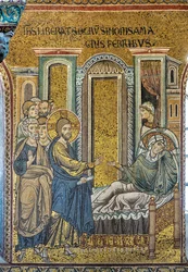 Jesus helade Simons svärmor från feber, bysantinsk mosaik, avsnitt ur Kristi liv, XII-XIII århundraden (mosaik)