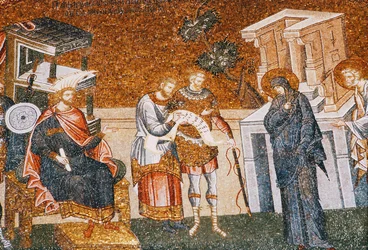Maria och Josef innan Cyremius registrerade sig för beskattningen, med en vakt, en skriftlärare och en officer, ca. 1300-talet (mosaik) (detalj av 119636)