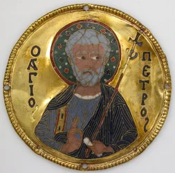 Medaljong med Sankt Peter från en ikonram, ca 1100 (guld, silver och emalj cloisonné)