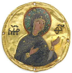 Medaljong med Jungfrun från en ikonram, ca 1100 (guld, silver och emalj cloisonné)