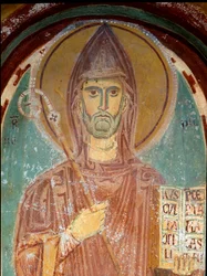 Representation av Saint Benedict of Nursie (6th century) Detalj av en fresk av den bysantinska skolan. Början av 1200-talet. Klostret Saint Benoit (Sacro Speco), kapellet Saint Gregoire a Subiaco (Rom), Italien
