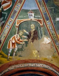 Saint Eldrad på väg till Santiago de Compostela, Detalj från berättelser om Saint Eldrad, romansk fresk, bysantinsk stil, sent 1000-tal, kapellet Saint Eldrad och Saint Nicholas, Novalesa Abbey, Piemonte, Italien