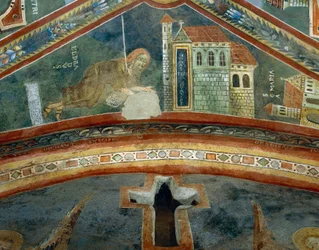 Saint Eldrad återvänder från Santiago de Compostela, detalj från berättelserna om Saint Eldrads liv, romansk fresk, bysantinsk stil, sent 1000-tal, kapellet Saint Eldrad och Saint Nicholas, Novalesa Abbey, Piemonte, Italien.