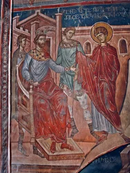 Saint George före kejsar Diocletianus (244-311) - Saint George före kejsar Diokletianus - Målning av Damiane (aktivt 1300-tal) - 1300-tal - Fresk - Saint George
