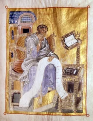 Saint Mark representerat i ett bysantinskt manuskript från 1200-talet, London, Victoria och Albert.