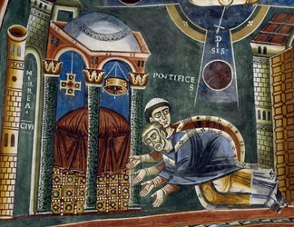 Sankt Nikolaus Vigde biskop av Myra, detalj från berättelserna om Sankt Nikolaus, romansk fresk, bysantinsk stil, sent 1000-tal, kapellet Sankt Eldrad och Sankt Nikolaus, Novalesa Abbey, Piemonte, Italien.