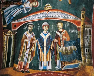 Sankt Nikolaus Vigde biskop av Myra, detalj från berättelserna om Sankt Nikolaus, romansk fresk, bysantinsk stil, sent 1000-tal, kapellet Sankt Eldrad och Sankt Nikolaus, Novalesa Abbey, Piemonte, Italien.