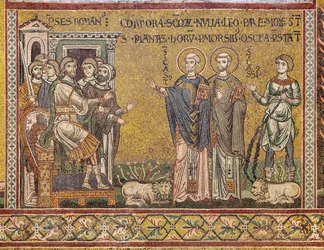 St Cassius och St Casto före kejsaren, bysantinsk mosaik, XII-XIII-talet, på motfasaden (mosaik)