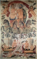 Bysantinsk konst: Neptunus och amfitrits triumf. Neptunus och Amphitrite nakna på en stridsvagn avfyrad av fyra sjöhästar. Mosaik från 300-talet. Mått: 3,1x1,96m. Louvren, Paris