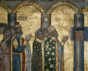 Bysantinsk arkitektur: upptäck Markus urna. Detalj av mosaik på guld bakgrund. Basilica di San Marco (Basilica di San Marco), Venedig