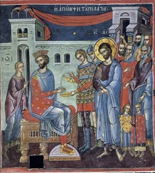 Ponce Pilate se lavant les mains - Pilatus tvättar händerna - Bysantinsk mästare - 1500-talet - Fresco - Dionysiou kloster, berget Athos