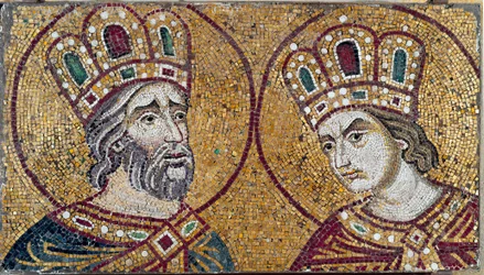Den romerske kejsaren Konstantin I, med Saint Helene, hans mor (mosaikdetalj)