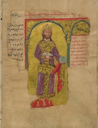 Alexander den store i den bysantinska kejsarklänningen Miniatyr från Alexanderromantiken, 1300-talet
