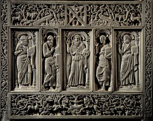 Bysantinsk konst: "" Johannes Döparen och de fyra evangelisterna"" underlägsen detalj av ordföranden för eveque of Ravenna Maximien (546-554) trone biskopsstol (cathedra) i elfenben, realiserar förmodligen en Constantinople Ravenna, Museo Arcivescovile (by