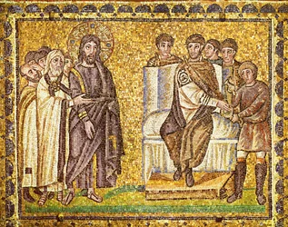 Kristus inför Pilatus som tvår sina händer, överstepräster och romerska soldater, 600-talet (mosaik)