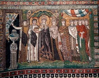 Kejsarinnan Theodora med sitt hov bestående av två ministrar och sju kvinnor, ca 547 e.Kr (mosaik)