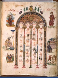 F.4v, kanontabeller, från Rabula-evangelierna, 586 AD (tempera på veläng)