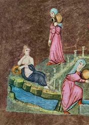Gr 31 f.7r Rebecca och Eliezer vid brunnen, från Wien Genesis (vellum(